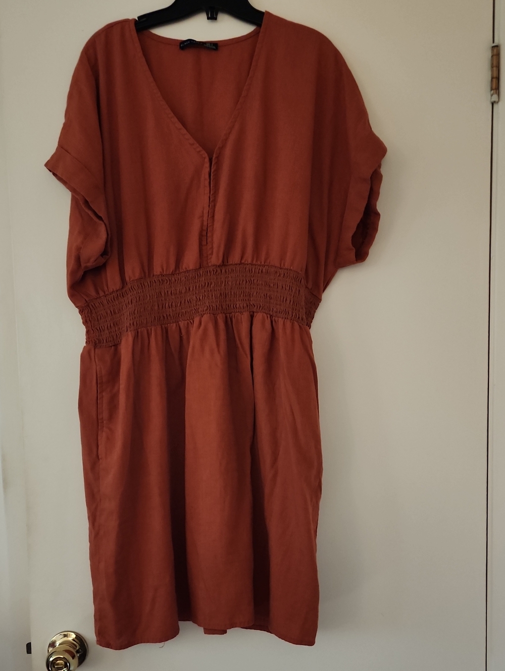 Black Tape_ Rust V-Neck Smocked Waist Midi Dress